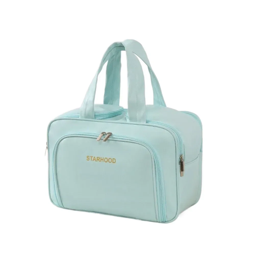 trousse de toilette de voyage de grande capacité, organisateur de maquillage léger en pu, plusieurs compartiments, poignée, mallette de rangement de voyage, salle de bain