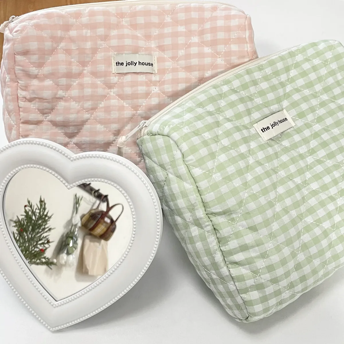 trousse de maquillage matelassée en coton à carreaux rose et vert grande capacité style coréen mignon portable sac de rangement cosmétique et trousse de toilette