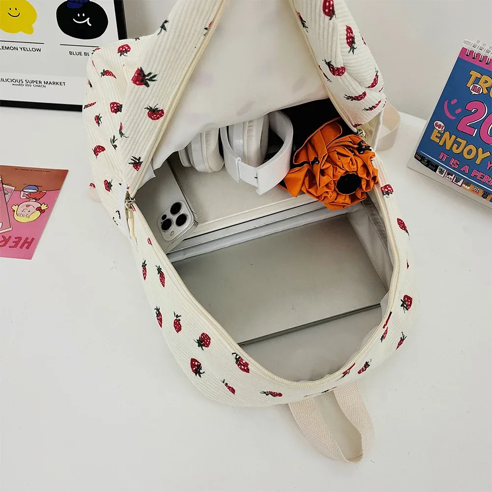 sac à dos en velours côtelé à motif fraise, sac à dos quotidien de grande capacité, sac à livres tendance, multi-poches, sangle réglable pour les voyages en plein air