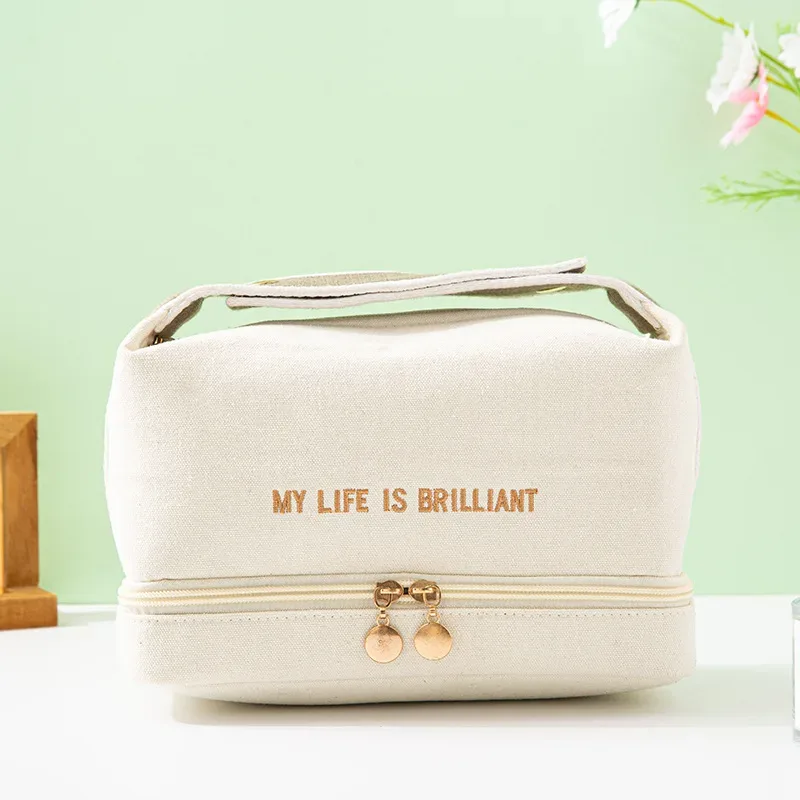 ins-sac à cosmétiques étanche double couche pour femme, fourre-tout de grande capacité, sac de voyage en toile portable, trousse de rangement pour maquillage, mode