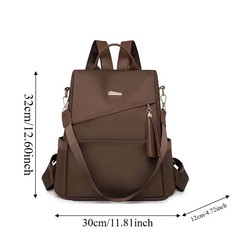 sac à dos en nylon de grande capacité pour femmes, sac à dos imperméable de couleur unie, doux au toucher, multi-poches, avec pompon décoratif, sac à dos antivol