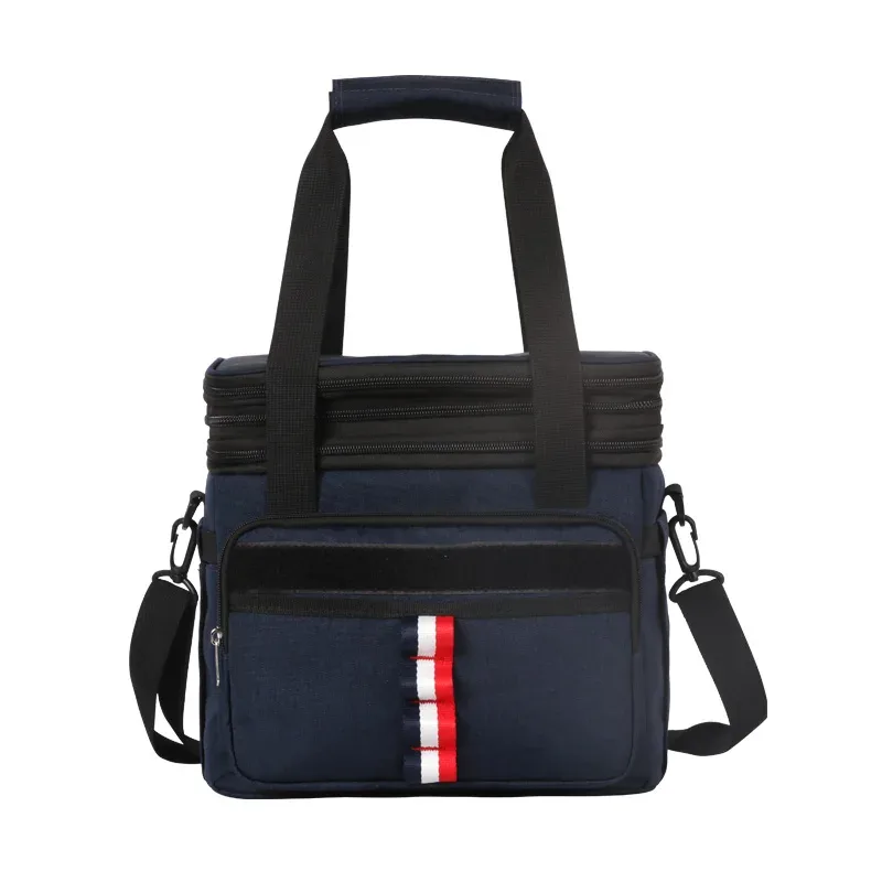 sac dos isolement polyester bleu bandes noires blanches poignées sangle latérale compartiment intérieur gris conserver aliments frais voyage
