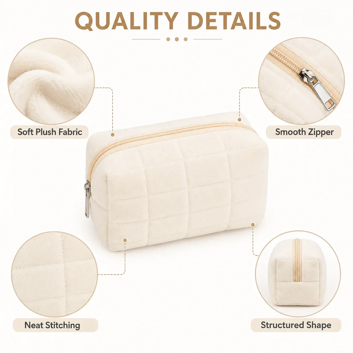 sac de maquillage matelassé en peluche douce, grande capacité, pochette cosmétique portable à fermeture éclair, sac de rangement pour articles de toilette et de soin de la peau pour voyage.