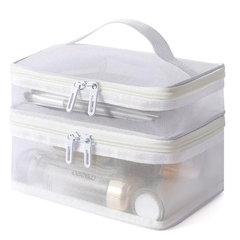 sac de rangement de cosmétiques de voyage à 2 couches, pochette de rangement transparente en maille pliante à fermeture éclair, sac de kit de lavage de maquillage de grande capacité 2025