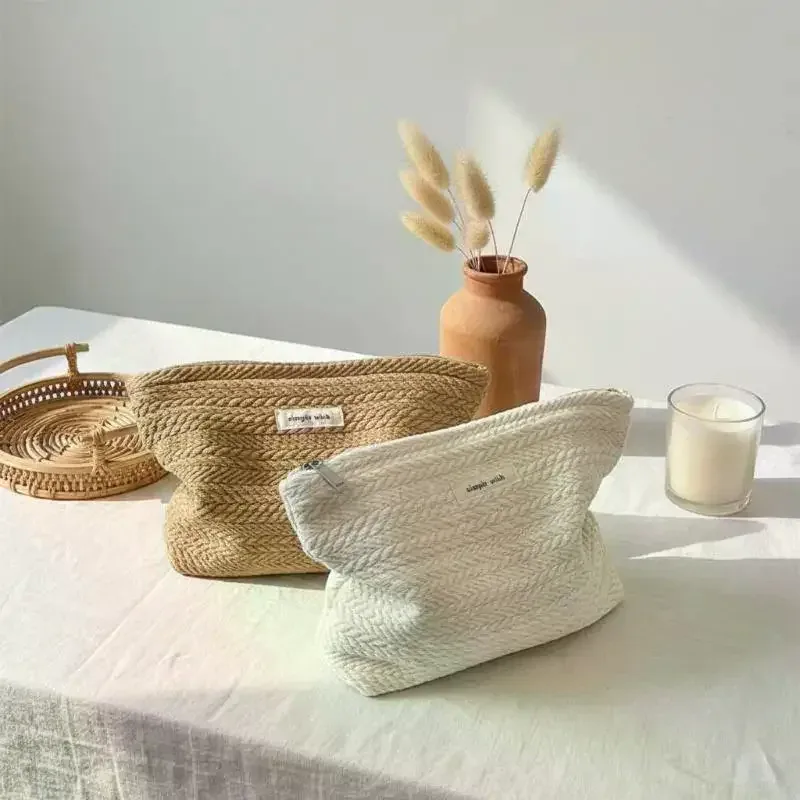 1 pièce trousse de maquillage portable de haute qualité avec fermeture éclair, grande capacité, couleur unie, en tissu tissé, beige café, pochette