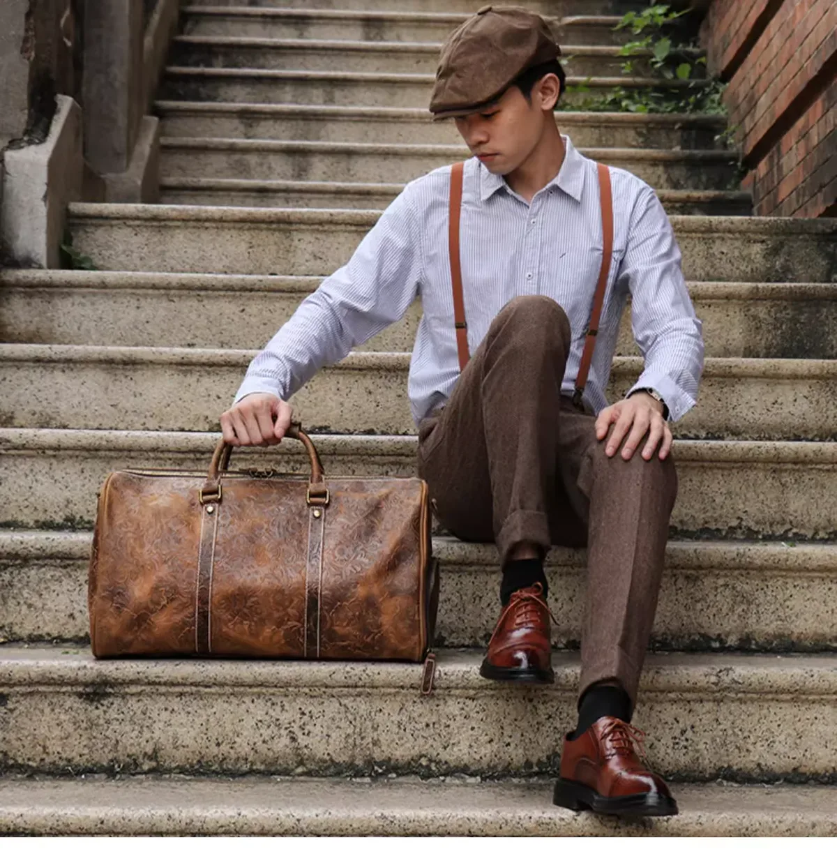 luokir-sac fourre-tout vintage en cuir gaufré, grande capacité, cuir véritable, sac de voyage à court terme pour vêtements et bagages, sac de sport