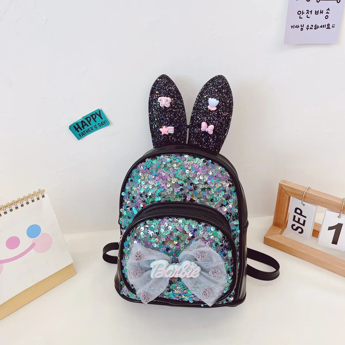 sac à dos brodé de campus de maternelle, sac de dessin animé de princesse à paillettes, sac à dos d'oreille longue à grand nœud mignon personnalisé, sac de collation d'extérieur