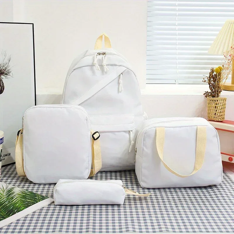 mode décontractée 4 pièces ensemble retour à l'école grande capacité en nylon couleur unie sac à dos & sac à main et trousse à crayons sac à dos pour l'école