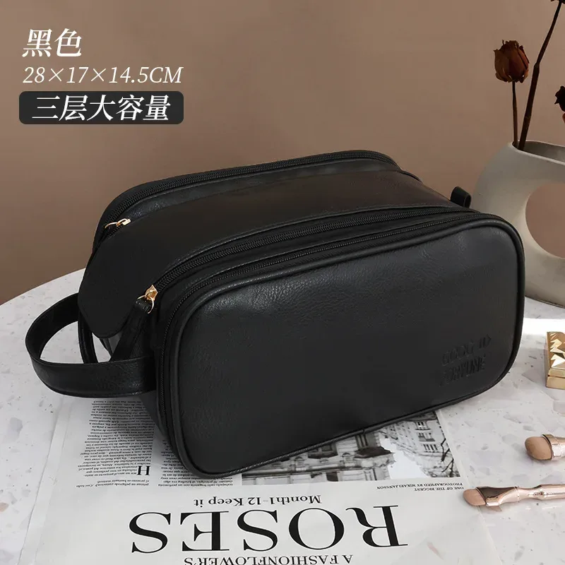 sac de maquillage multifonctionnel en cuir pu pour femmes, grande capacité, portable, double fermeture éclair, brosse de maquillage de voyage, sac de rangement d'articles de toilette