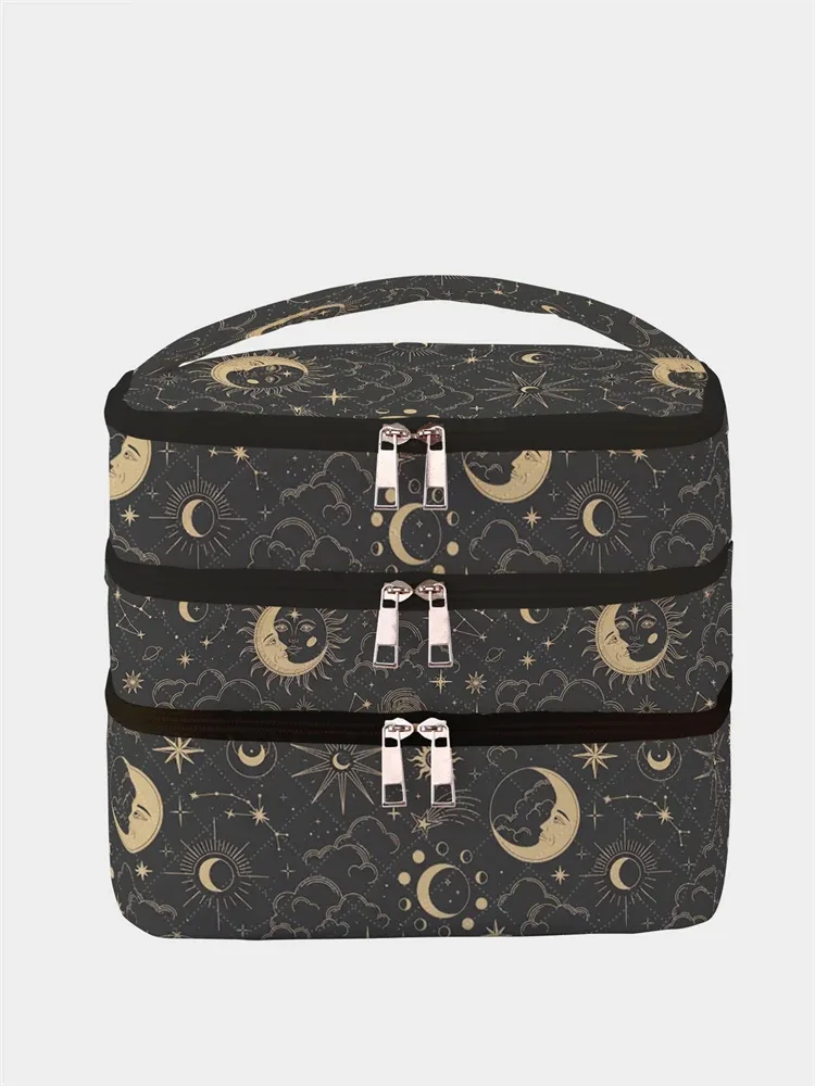 1 pièce, sac à cosmétiques à 3 couches à motif de lune et d'étoile, sac de gestion de maquillage multifonctionnel, douche de baignoire, portefeuille, cosmétiques portables, rouge à lèvres, brosse, organisateur de soins de la peau, sac à cosmétiques à 3 couches à motif ciel étoilé