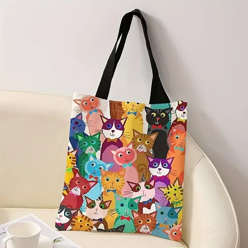Sac à main décontracté imprimé motif chaton coloré, sac à dos réutilisable et tendance, sac de courses multifonctionnel en toile