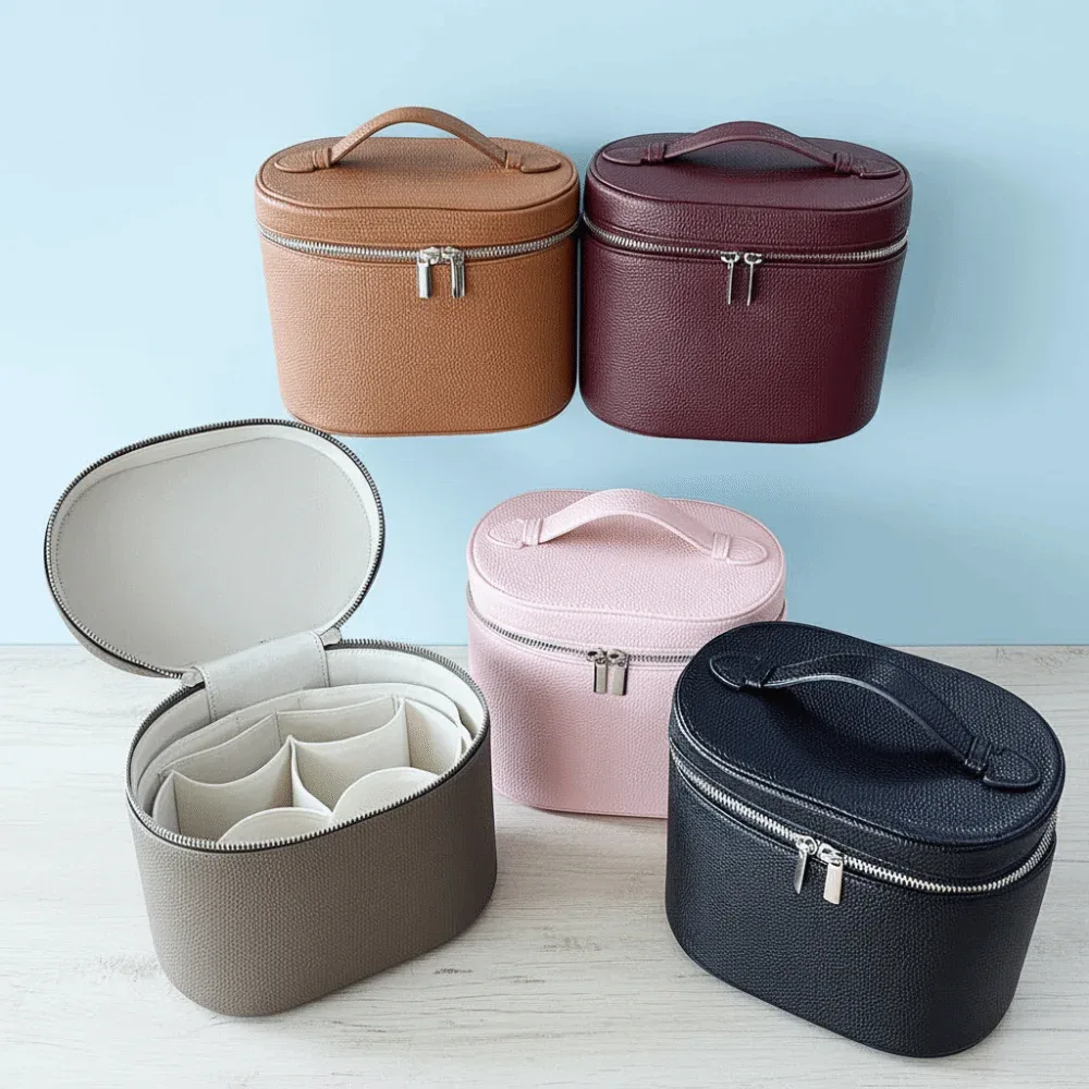 organisateur voyage polyester compartiment maquillage poignée amovible grainé cuir ovale grande capacité bleu noir beige