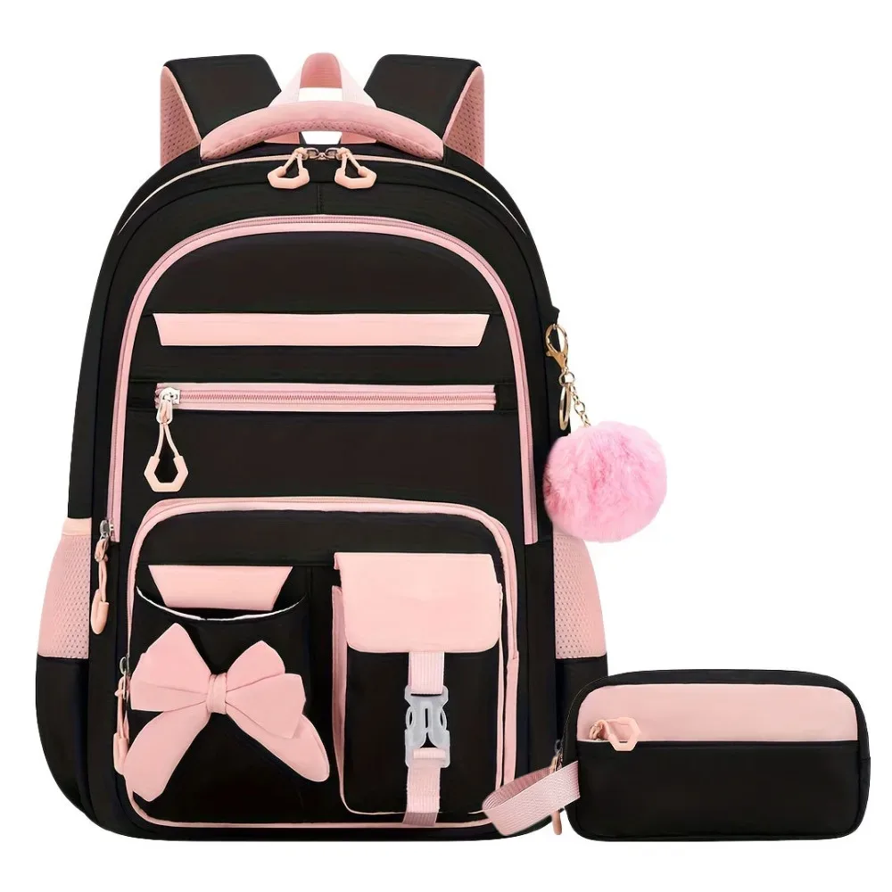sac dos oxford cloth noir accents roses grande capacité multiples poches conception école adolescente