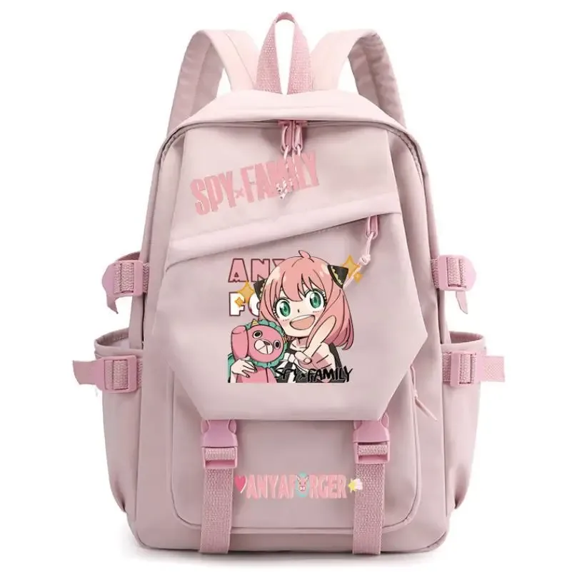 sac dos toile gris accents roses motif dessin animé personnage joyeux poche principale poche latérales fermeture éclair maille résine voyage décontracté