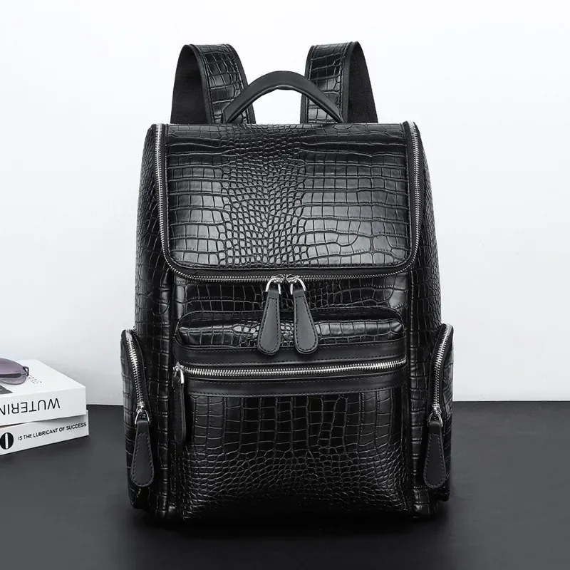 sac à dos de luxe pour homme, sacoche d'affaires pour ordinateur portable, sac à dos de voyage en cuir d'alligator tendance, grande capacité, cartable pour homme