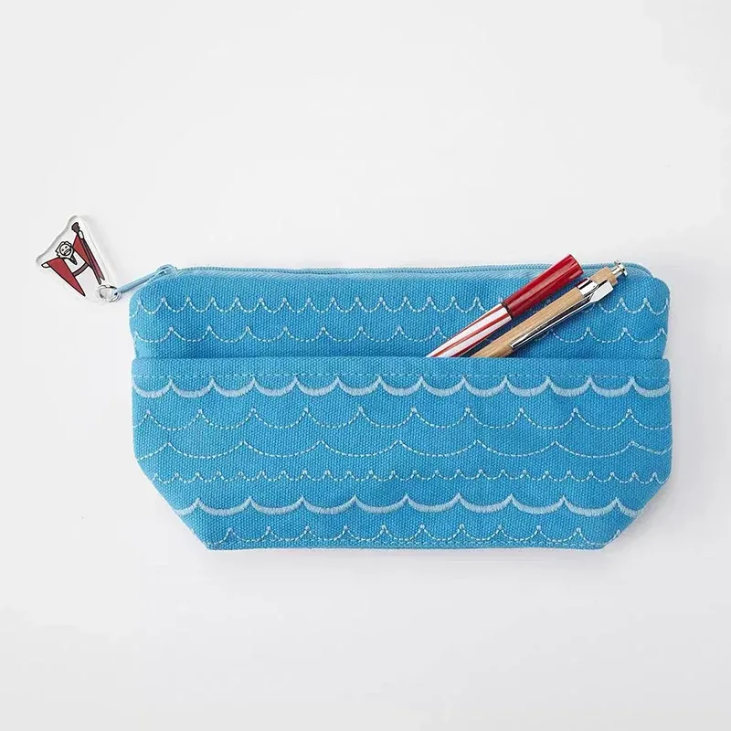 pochette voyage nylon motif vagues bleues intérieur noir stylos crayon rangement fournitures papeterie cosmétiques transport