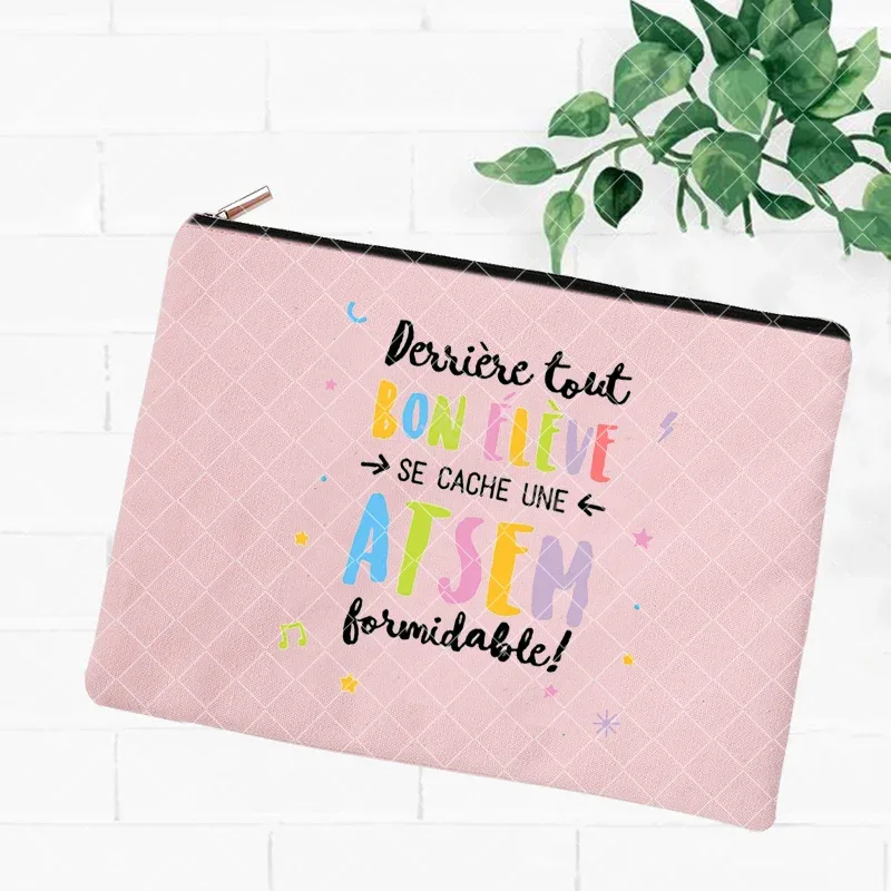 merci atsem – trousse de maquillage imprimée française, grande trousse à crayons, fournitures de papeterie scolaire, sac de rangement, pochette de lavage de voyage, cadeaux pour atsem