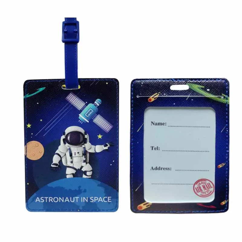 étiquette bagage pu astronaute espace planètes étoiles fusées fenêtre contact attachement bleu nuit voyage