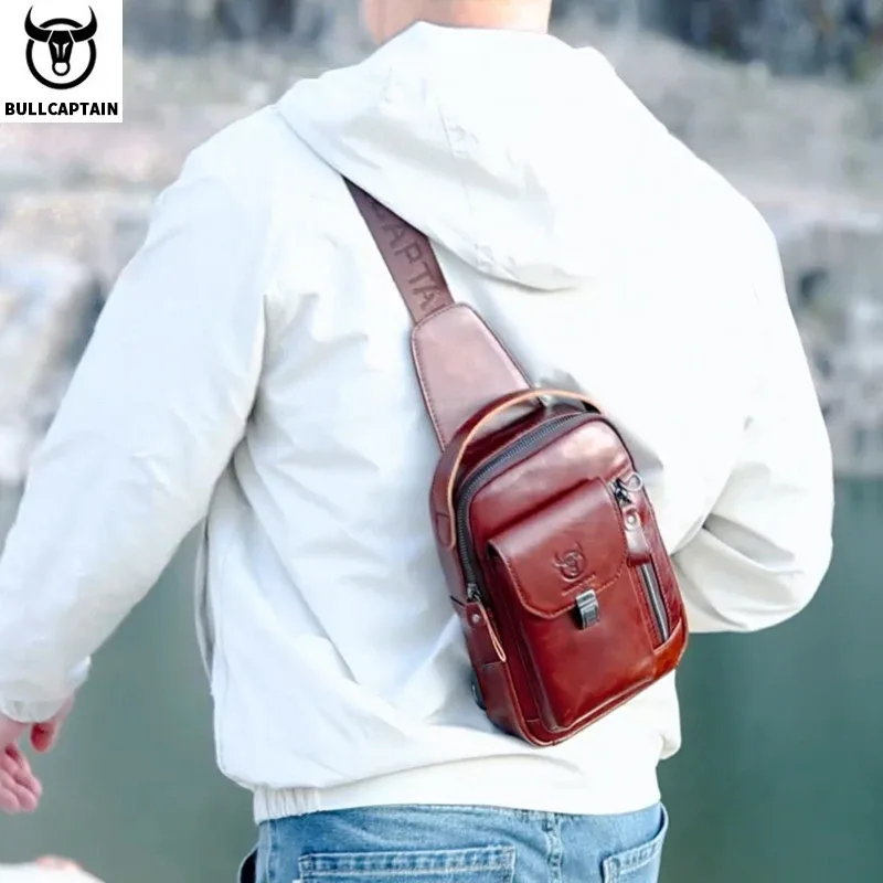 bullcaptain sac de poitrine en cuir véritable pour hommes décontracté rétro 7.9 pouces sac pour téléphone portable multifonctionnel antivol sac à bandoulière