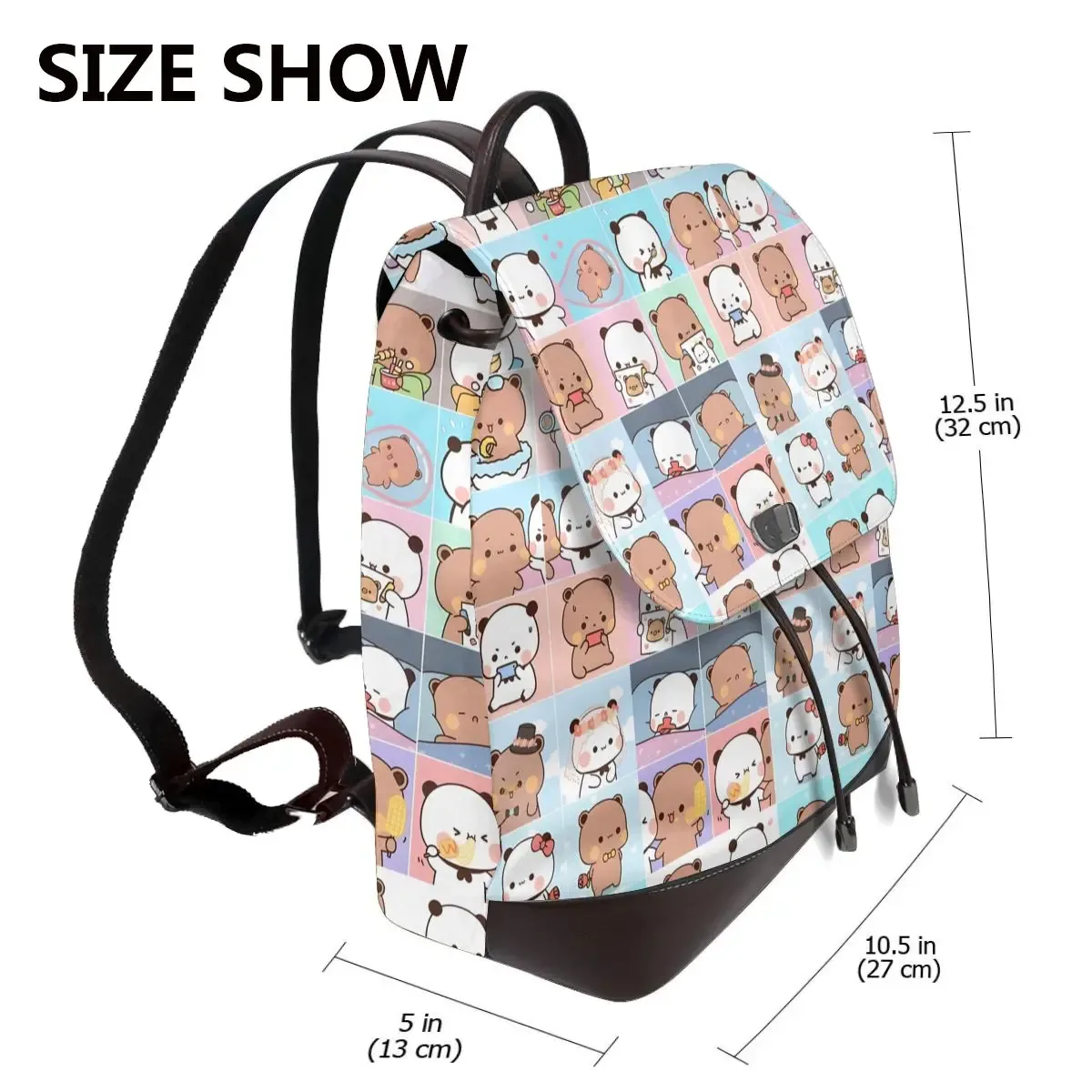 sac dos polyester personnages mignons bleu rose format rectangulaire poignées cuir brun usage voyage grande capacité