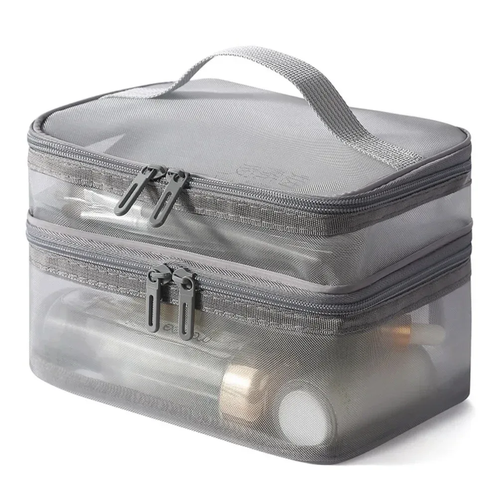 sac de voyage en maille transparente pour femmes, sac de rangement pour cosmétiques, trousse de toilette à 2 couches, sac de rangement de grande capacité pour maquillage
