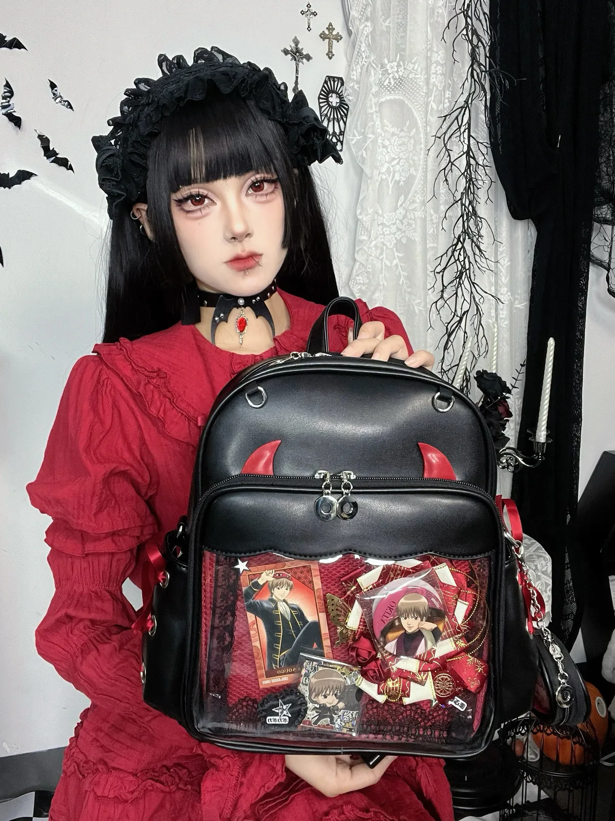 sac à dos gothique ita de grande capacité avec poche transparente pour femme, présentoir d'insigne, punk, de jour, cosplay, 3 voies
