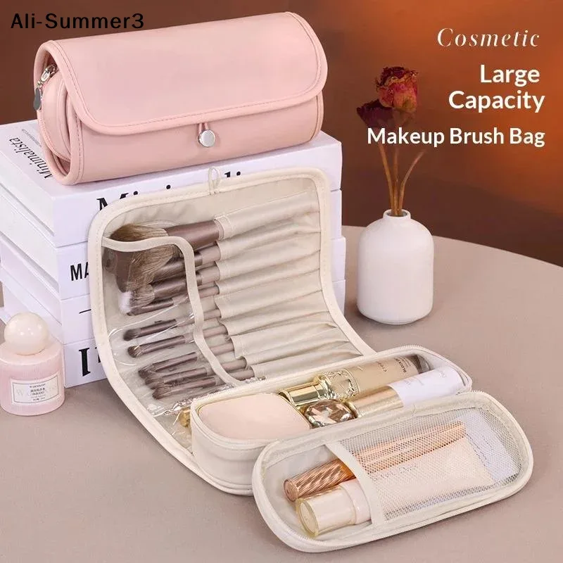 Pochette Cosmétique Polyester Rose Pâle Poches Transparentes Grande Capacité Design Minimaliste Rangement Voyage Femmes Jeunes Filles