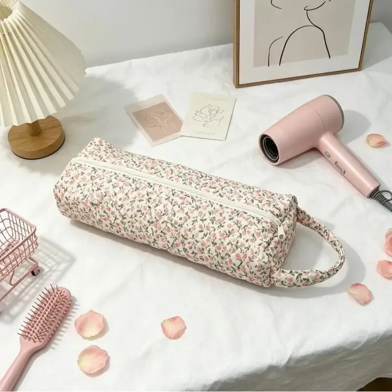sac de rangement matelassé pour sèche-cheveux avec imprimé floral mignon, poignée portable, grande capacité, étui de transport pour voyage, organisateur de salle de bain