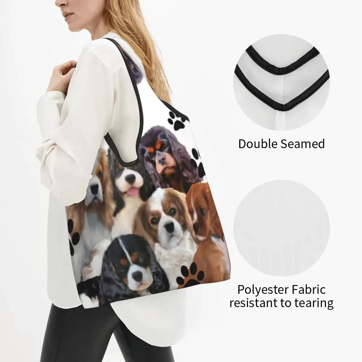 cavalier king charles épagneul groupe familial épicerie sac fourre-tout kawaii chien épaule shopper sacs grande capacité sacs à main