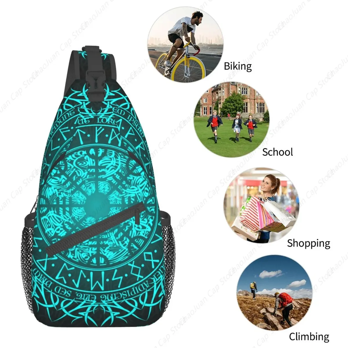 sac dos polyester motif ethnique bleu clair fond noir symboles lettrages stylisés poche principlale avant bandoulière fixation ajustable voyage sport trapézoïdale