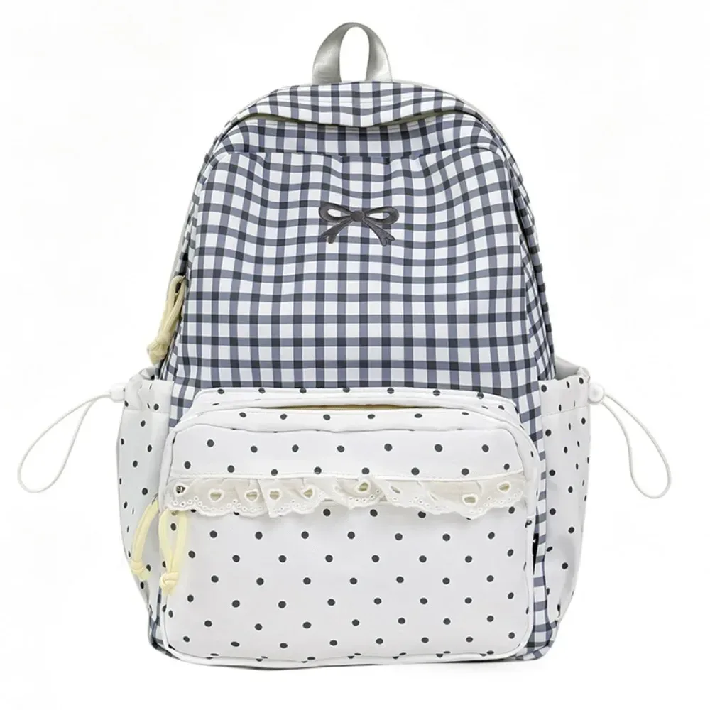 sac à dos tendance à pois, à carreaux, avec nœud et bordure en dentelle, durable et léger, idéal pour les étudiants et l'utilisation en extérieur.