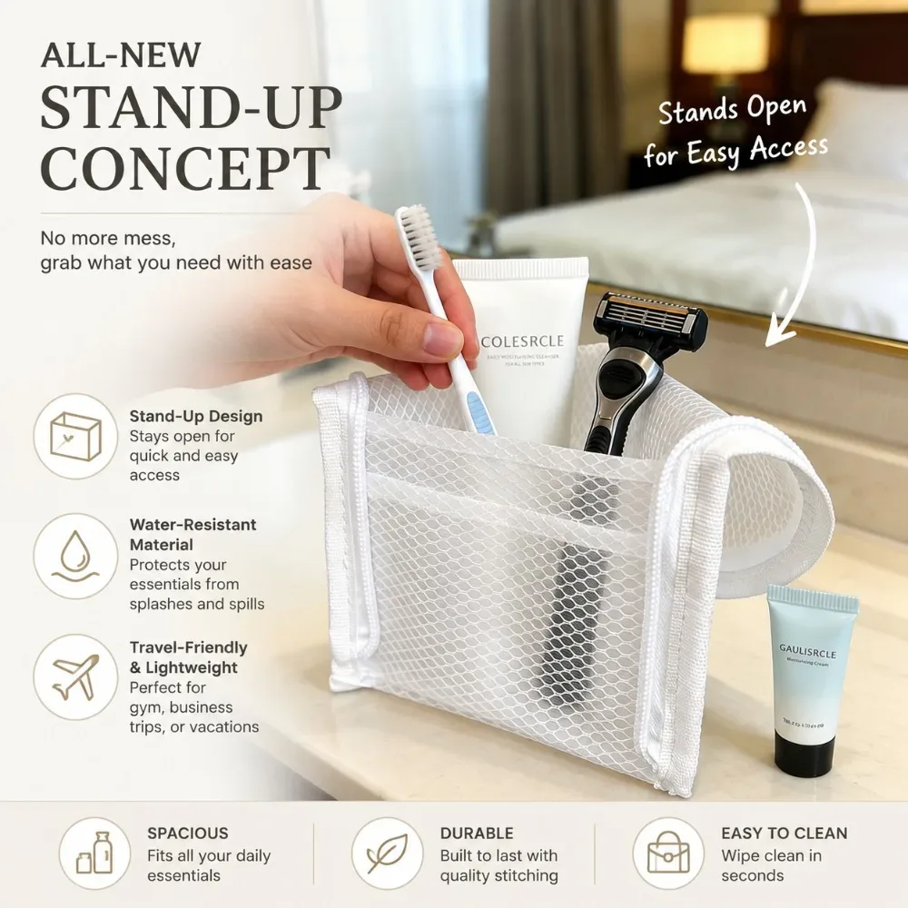 sac de maquillage de voyage pliable, organiseur de cosmétiques étanche de grande capacité avec pochette en filet et porte-brosse à dents, rangement portable