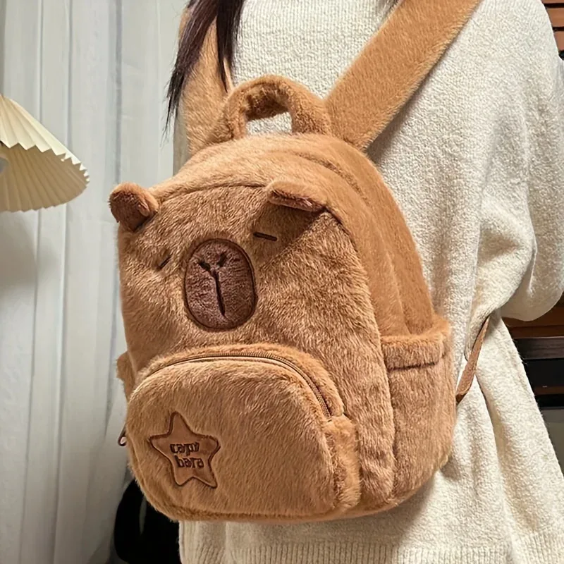 sac à dos en peluche capybara de grande capacité, sac en fausse fourrure imprimé animal de dessin animé mignon, pochette zippée pour femmes, cadeau de noël idéal