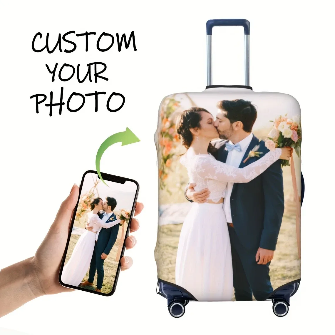 valise personnalisable avec photo et texte personnalisés, impression recto-verso, polyester élastique, protection de valise lavable
