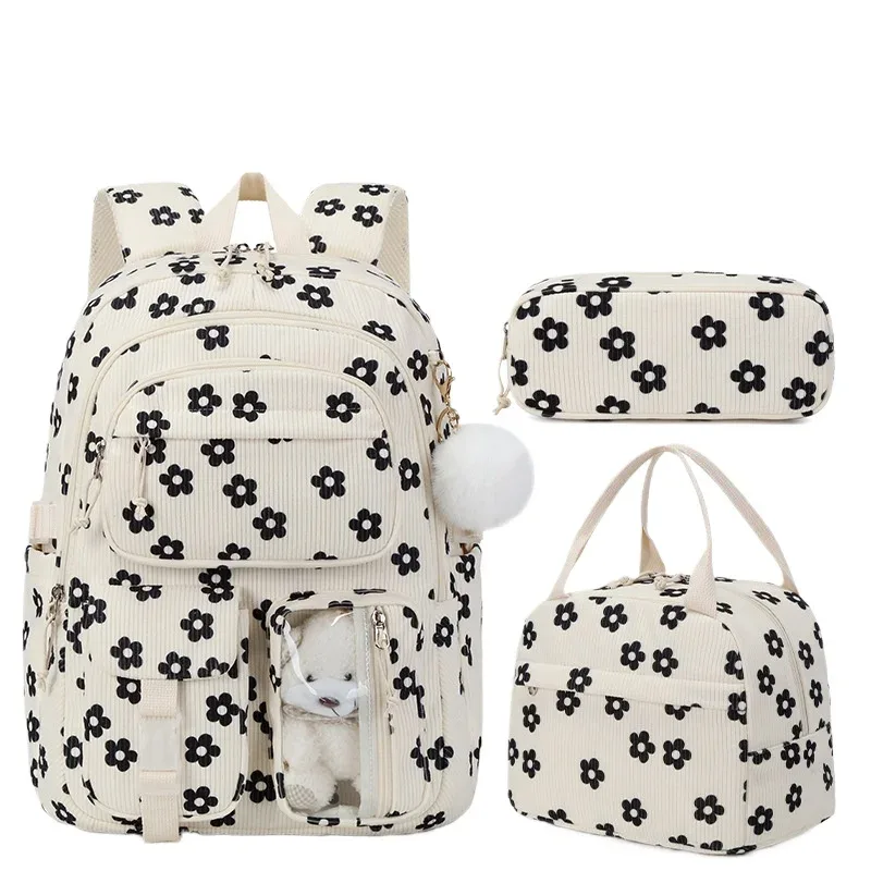 lot de 3 sacs à dos en velours côtelé motif fraise, multifonctionnels, pour l'école, les voyages, grande capacité, légers, pour étudiants
