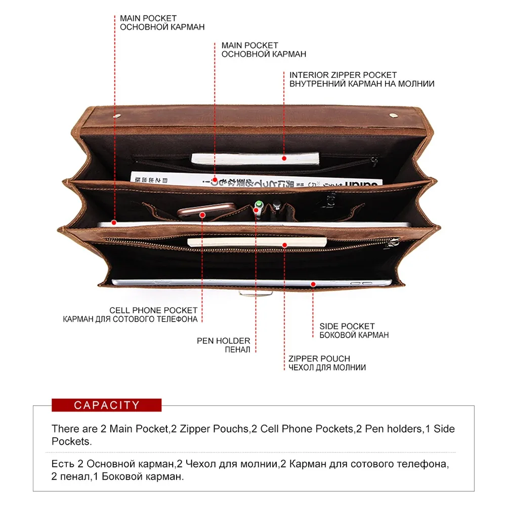 porte documents cuir vrai crazy horse marron foncé accents dorés compartiments poignées robustes sac main bandoulière voyage bureau