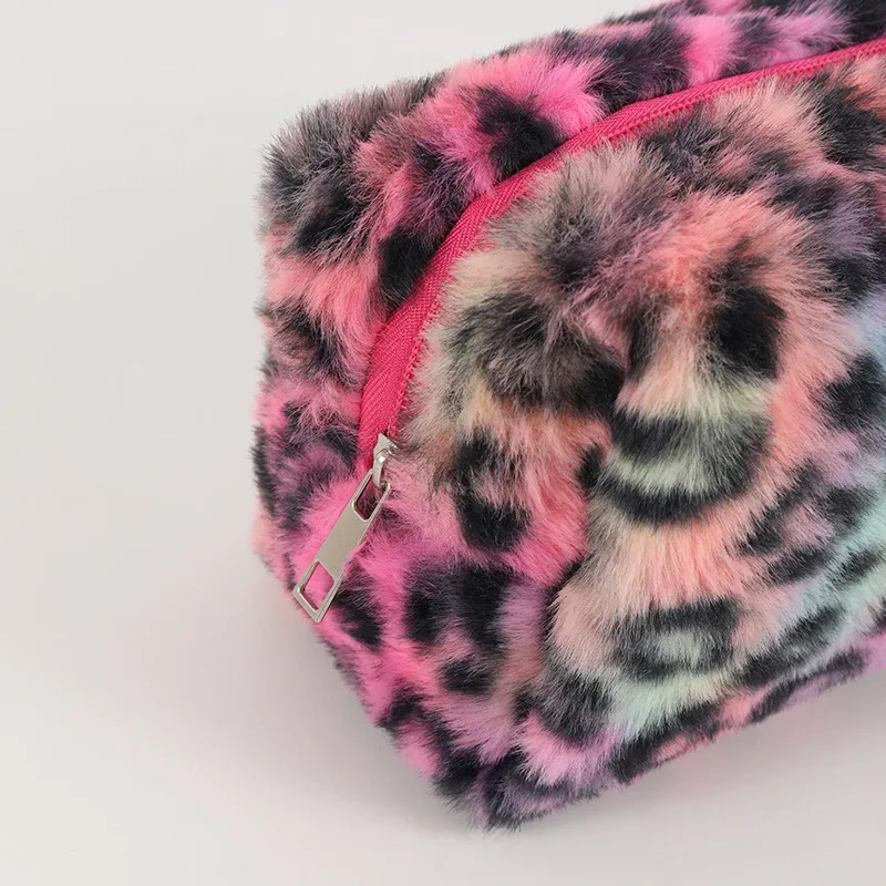 sac de rangement en peluche douce léopard pour femme, trousse de toilette, sac à main de maquillage, trousse à crayons, trousse de voyage, rouge à lèvres, brosse, cosmétiques, évaluateurs