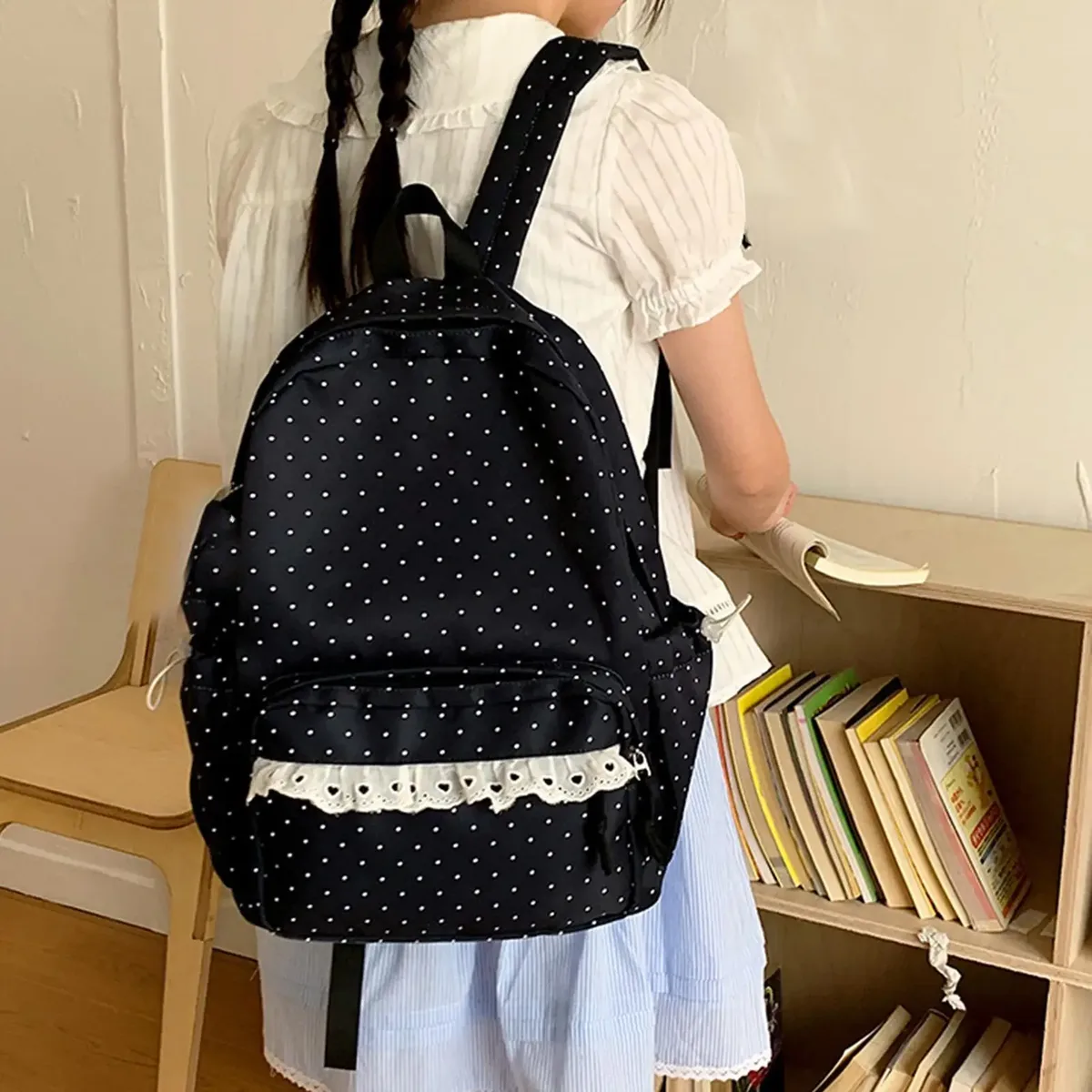 sac à dos mignon en dentelle à pois, esthétique, pour ordinateur portable, pour femmes et filles, idéal pour les trajets quotidiens, les voyages, les camps d'été et l'université.