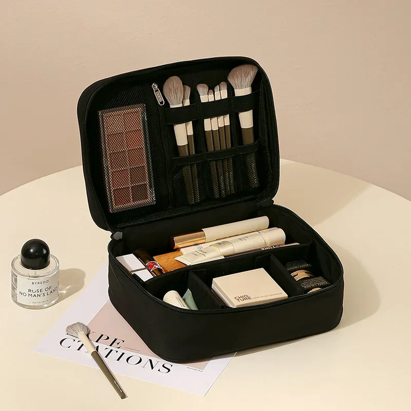 trousse de toilette grande capacité à double compartiment avec séparateurs ; sac de voyage portable en tissu oxford