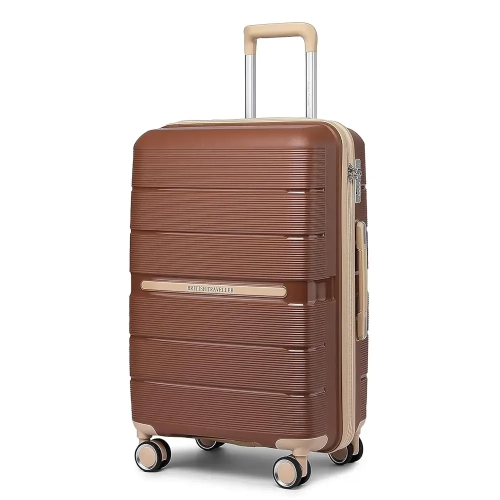 valise rigide de voyage britannique, bagage à main, matériau 100% pp, 8 roues tournantes, serrure tsa, beige, chariot