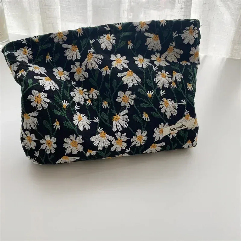 sac à cosmétiques pour femmes, pochette brodée marguerite florale, trousse de toilette de voyage coréenne, pochette de maquillage de beauté, trousse à crayons organisateur