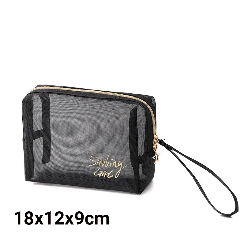 trousse de maquillage en maille noire de grande capacité pour femme, trousse de toilette décontractée à fermeture éclair, sac à cosmétiques de voyage