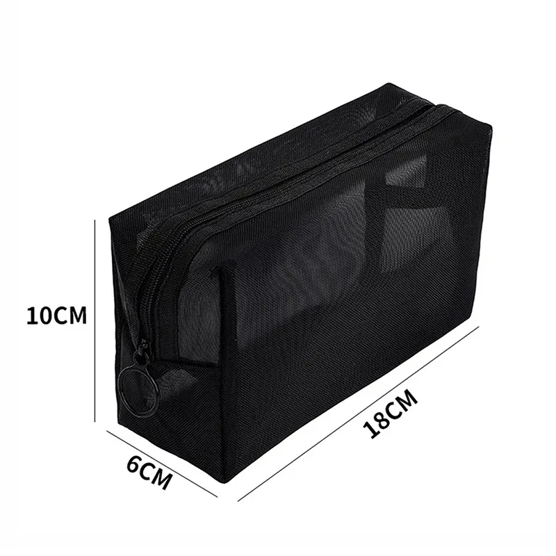 sac de maquillage en maille transparente, petit et grand, noir, sac de maquillage portable, sac de rangement pour toilette de voyage, sac de rangement pour rouge à lèvres