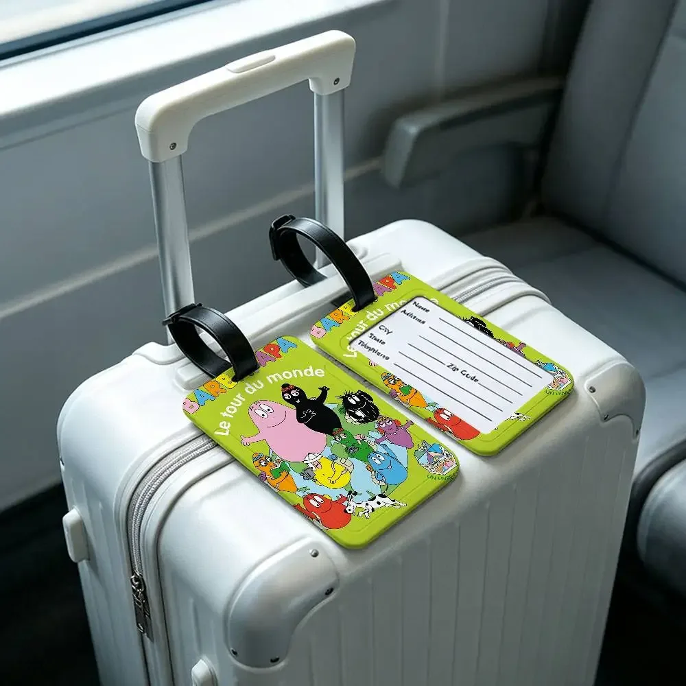 étiquette bagage plastique rectangulaire personnages animés vert bande noire boucle identification voyage ecole pratique anti-perte