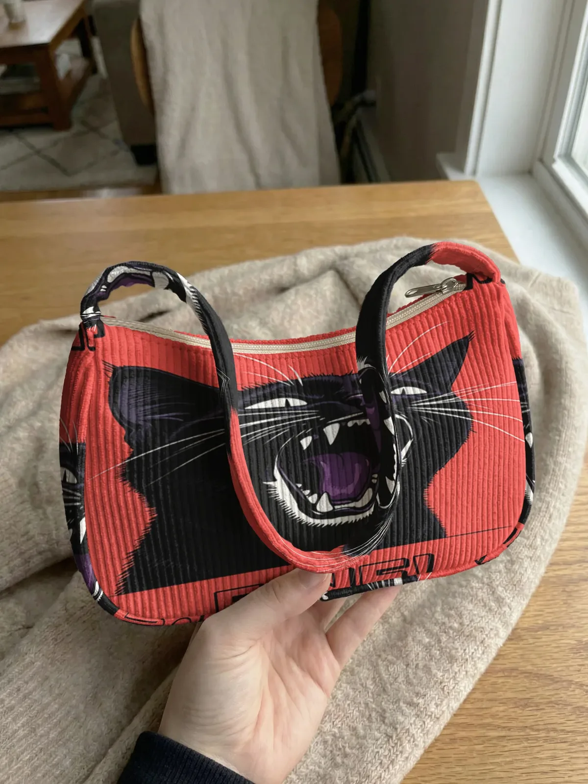 sac à bandoulière tendance imprimé chat noir en colère, sac sous le bras en velours côtelé pour un usage quotidien décontracté