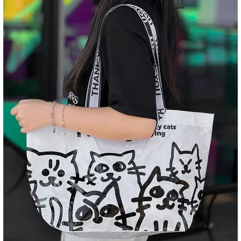 sac de courses en pp tissé, motif chats mignons, sac à bandoulière réutilisable, fourre-tout imperméable, sac à main portable pour courses et supermarché
