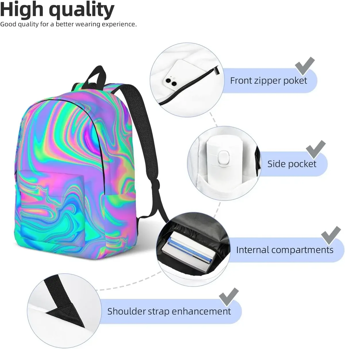sac à dos en toile pour homme et femme, léger, décontracté, irisé, marbré, holographique, bergame, sac pour ordinateur portable, voyage, extérieur