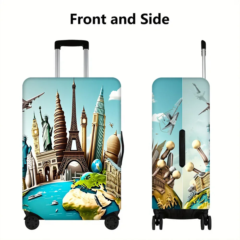 housse valise polyester monde monuments tour eiffel statue liberté big ben petronas twin towers bleu doré vert gris protection voyage