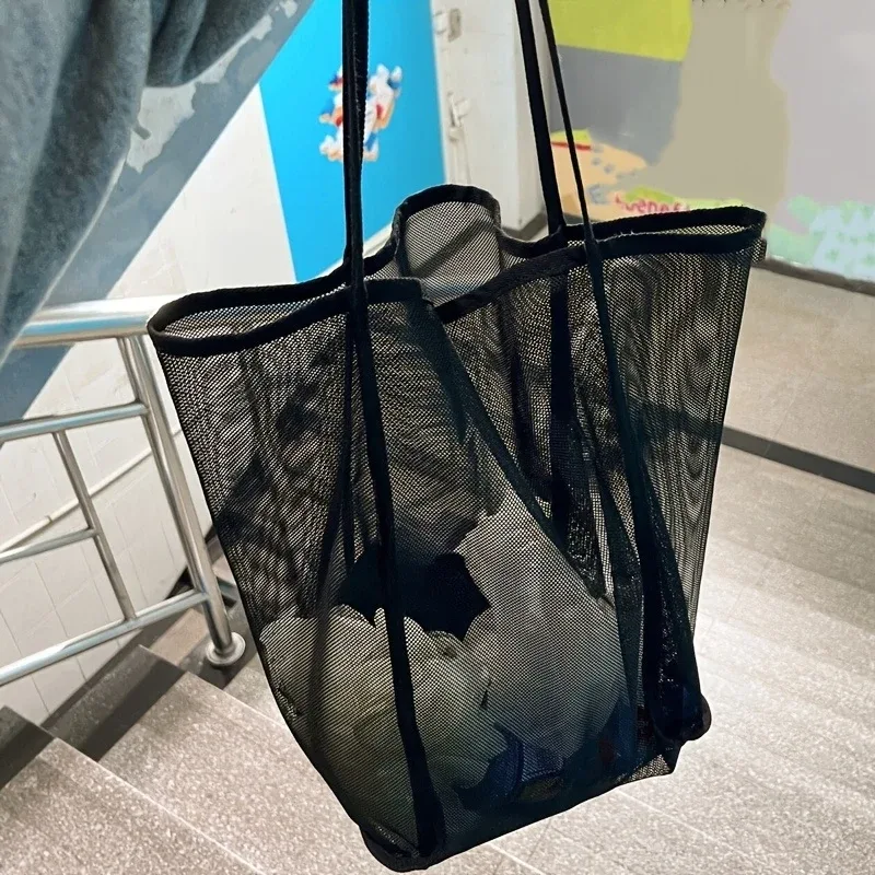 grand sac à bandoulière en maille de couleur unie - sac de rangement de plage, trousse de toilette de voyage d'été, sac fourre-tout pour les sorties