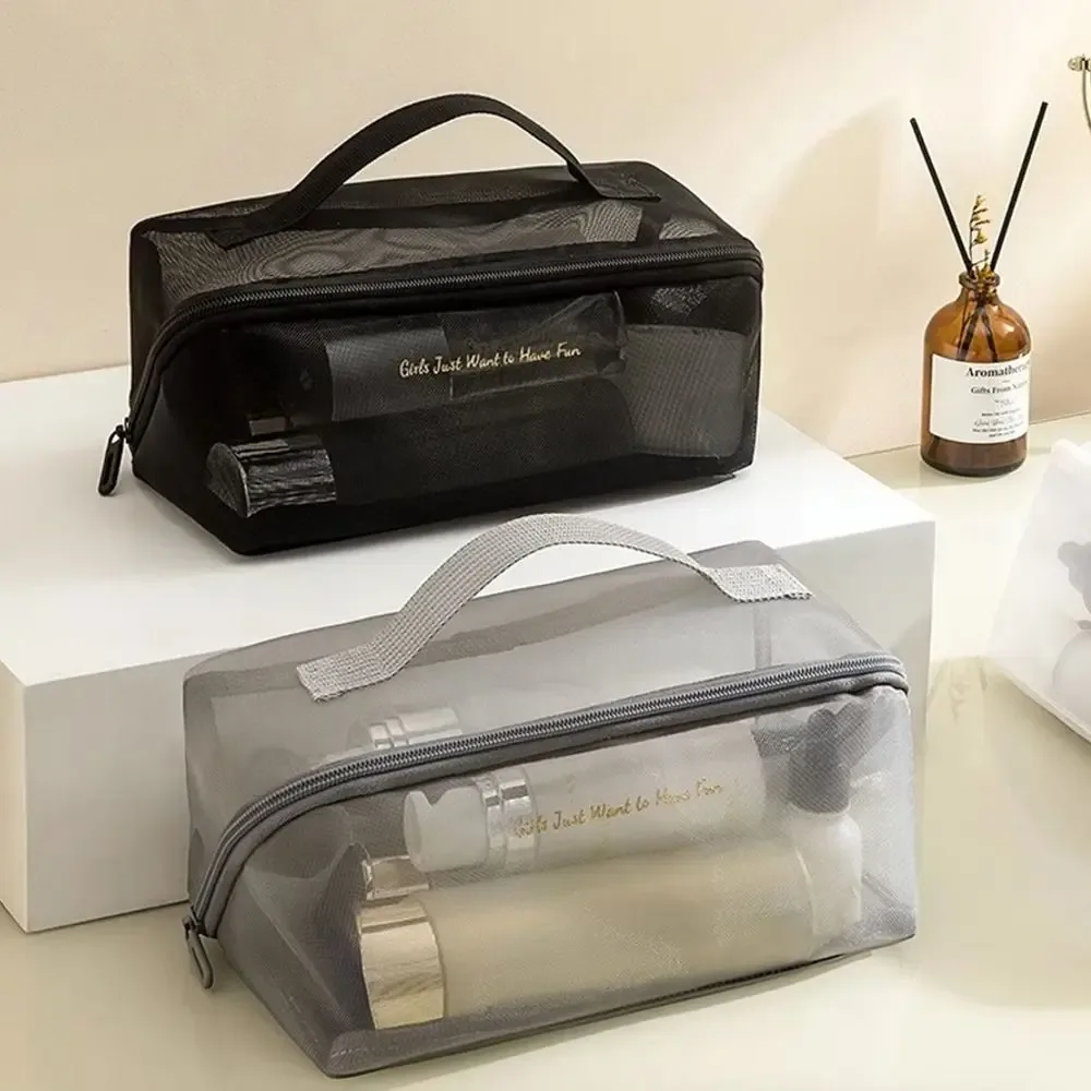 sac de maquillage en maille portable de grande capacité, sac de rangement de voyage léger et solide, pochette de rangement, trousse de toilette et de beauté